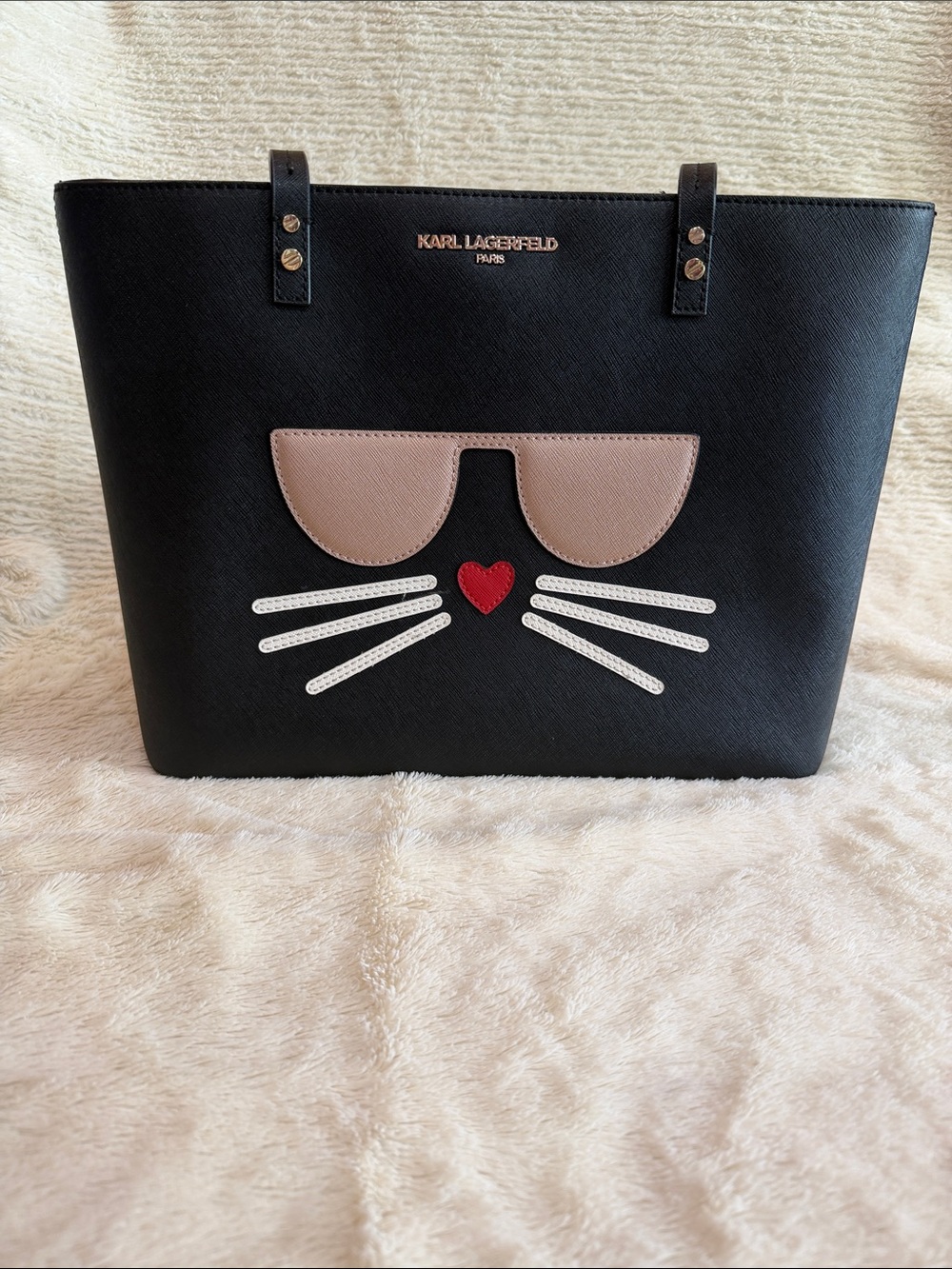 Karl Lagerfeld Black Tote with Pink Sunglasses and Red Heart